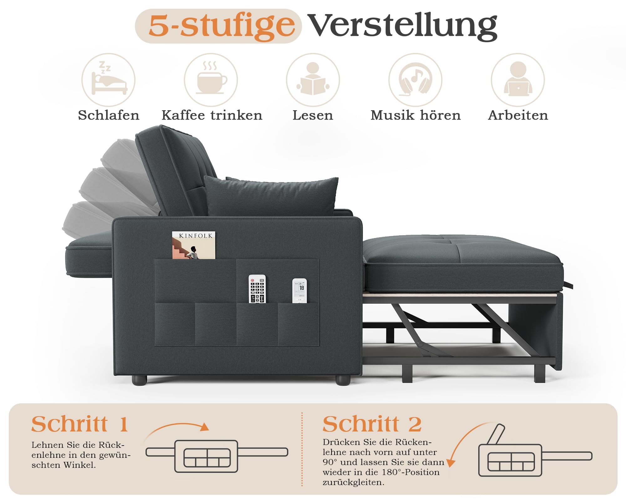 LUXOAK Schlafsofa 186 x 122 cm mit 5-stufig Verstellbarer Rückenlehne, 3-in-1 Schlafcouch mit Kissen und Seitentasche, graues Leinen-Sofa für Gästezimmer & kleine Räume