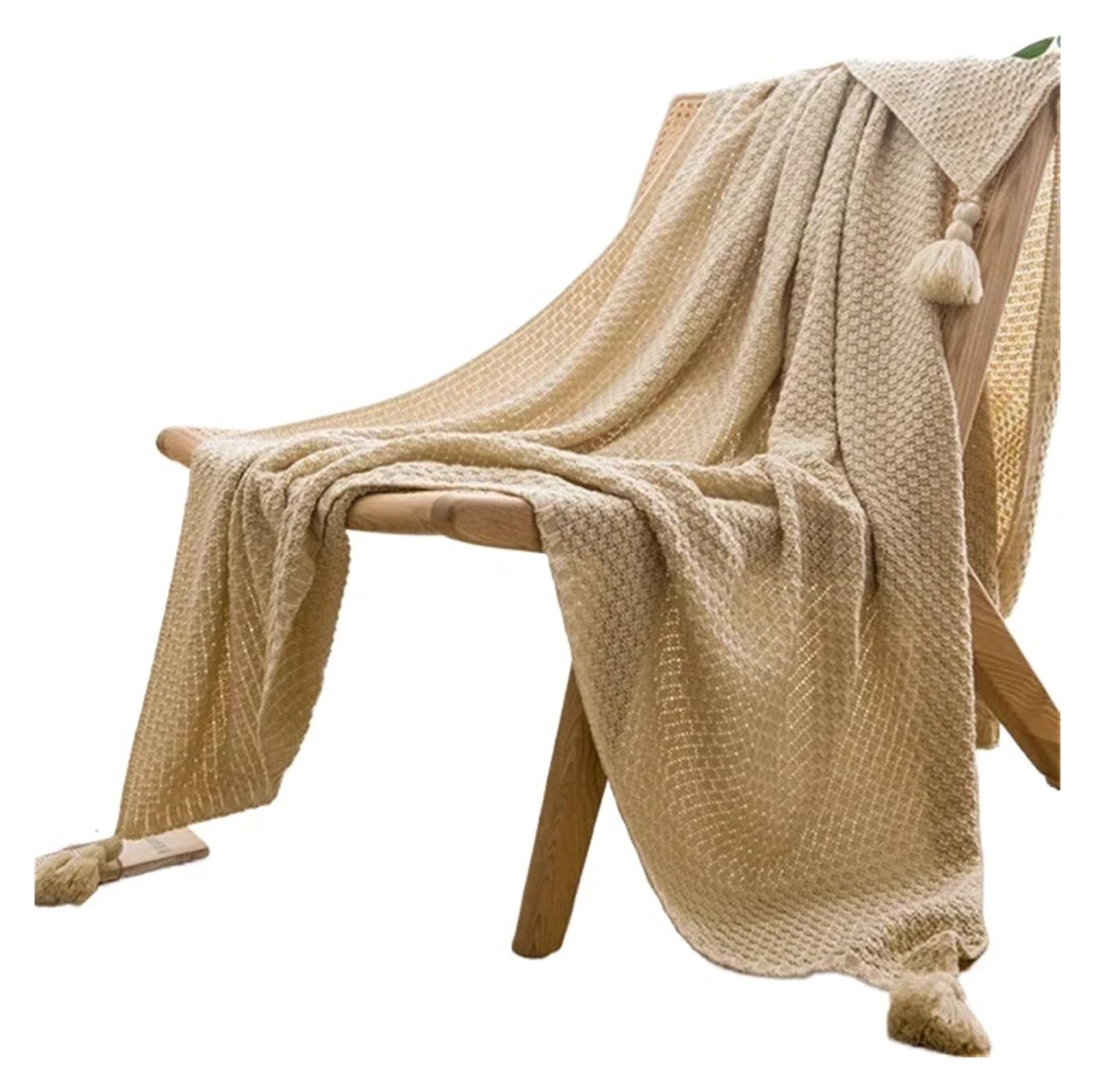 Couverture en tricot avec pompon multicolore grand confort kaki 130x230cm