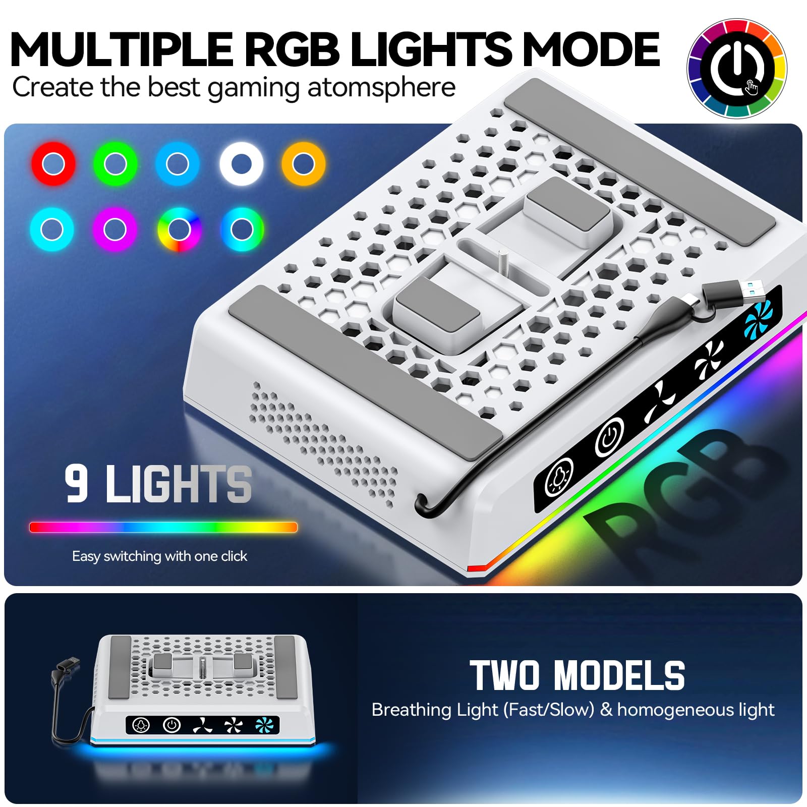 Support de Refroidissement PS5 avec Lumière Ambiente, Ventilateur à Vitesse Réglable 3 Niveaux Compatible avec PS5 Original/ PS5 Slim/ PS5 Pro (Disc & Digital), Câble USB-C/USB-A Inclus