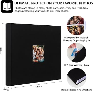 600 Pocket 4x6 Photo Album with Writing Space, Linen Cover, Black