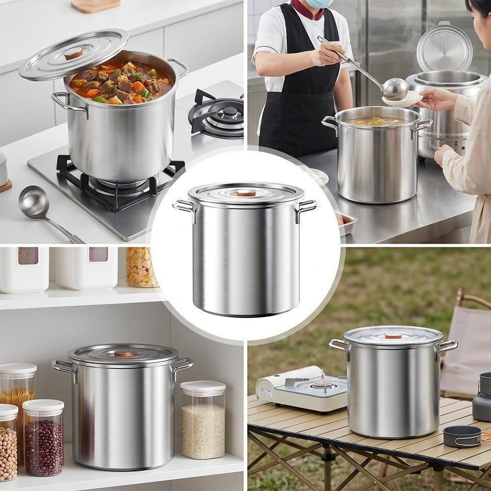 Olla Grande De Acero Inoxidable 304 con Tapa, 10 litros, Ideal para Sopas, Guisos Y Cazuelas, Hogar Y Restaurantes.
