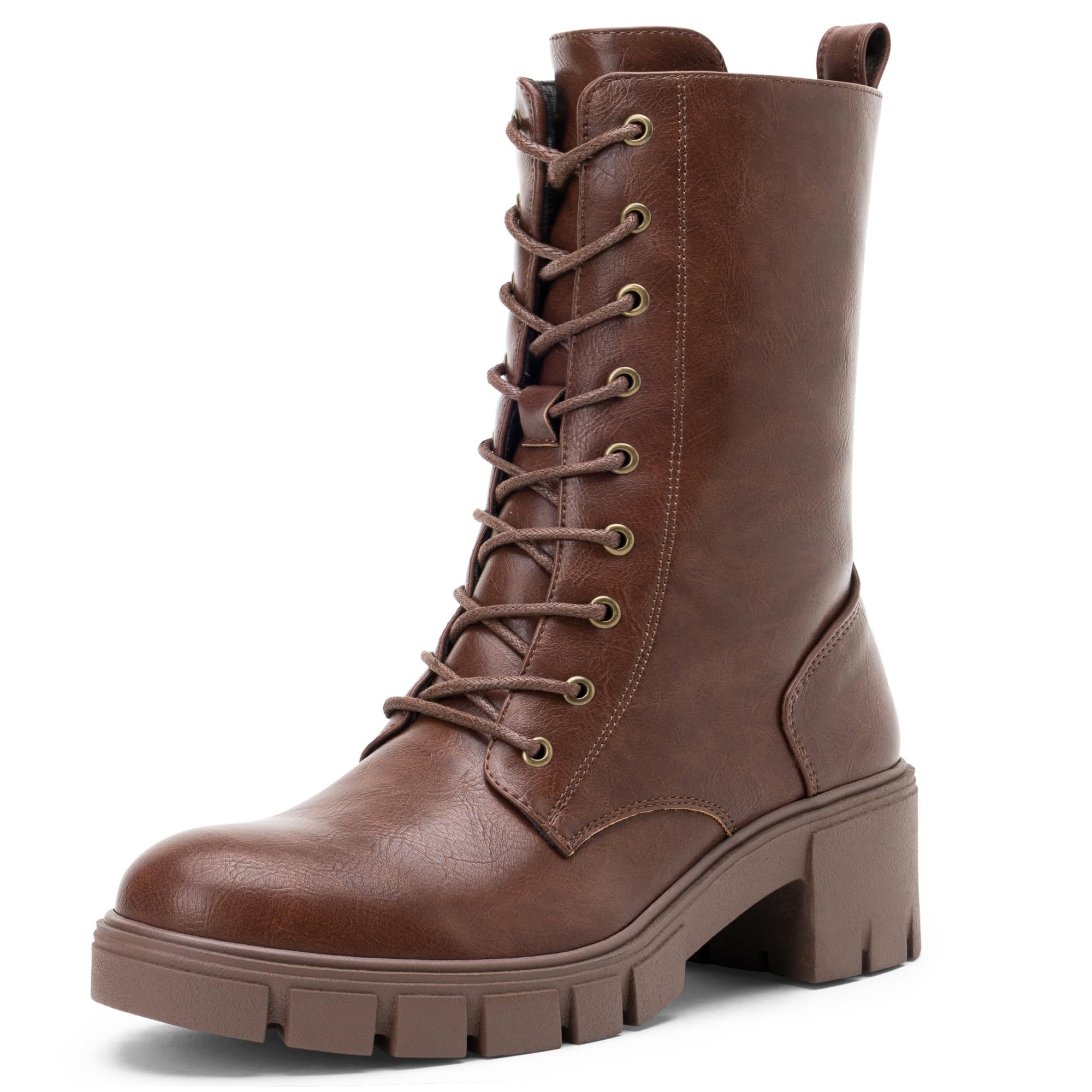 Vepose Women's Mid Calf Combat Lace Up Chunky Platform Boots