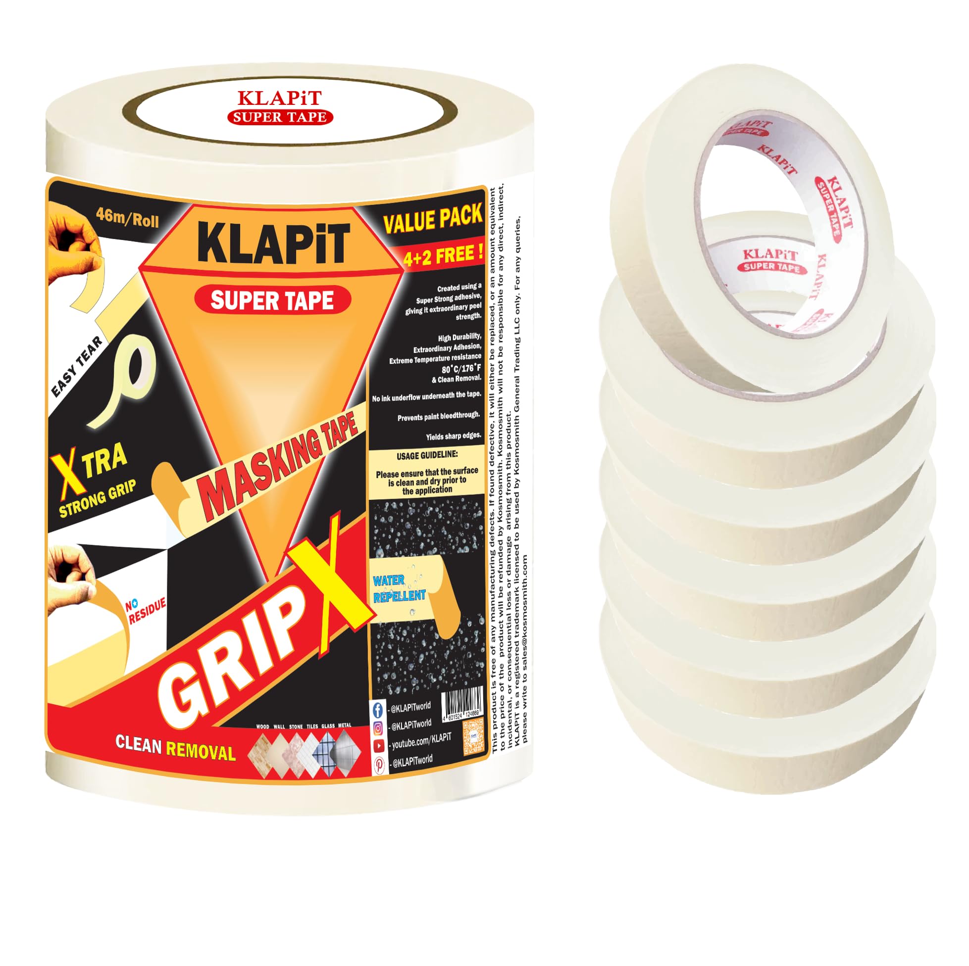 GripX Masking Tape 24 mm x 46 Meters | Strong Adhesive Painter’s Tape for Clean Edges | Perfect for Painting, DIY, Labeling, Craft, Office & Home Use – KGX,6 Rolls