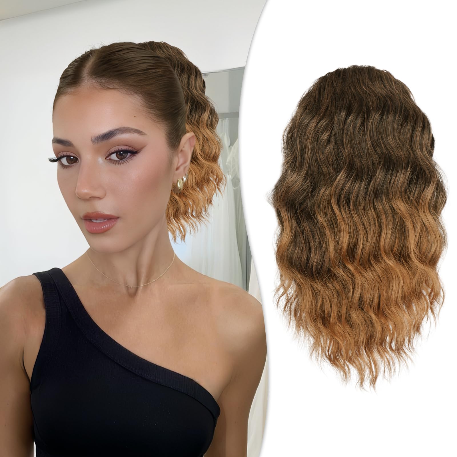 RUWISS Curly Drawstring Ponytail Extension for Black Women,12 inch Black Brown Afro Kinky Ponytail Synthetic Hairpiece for Daily Party Use