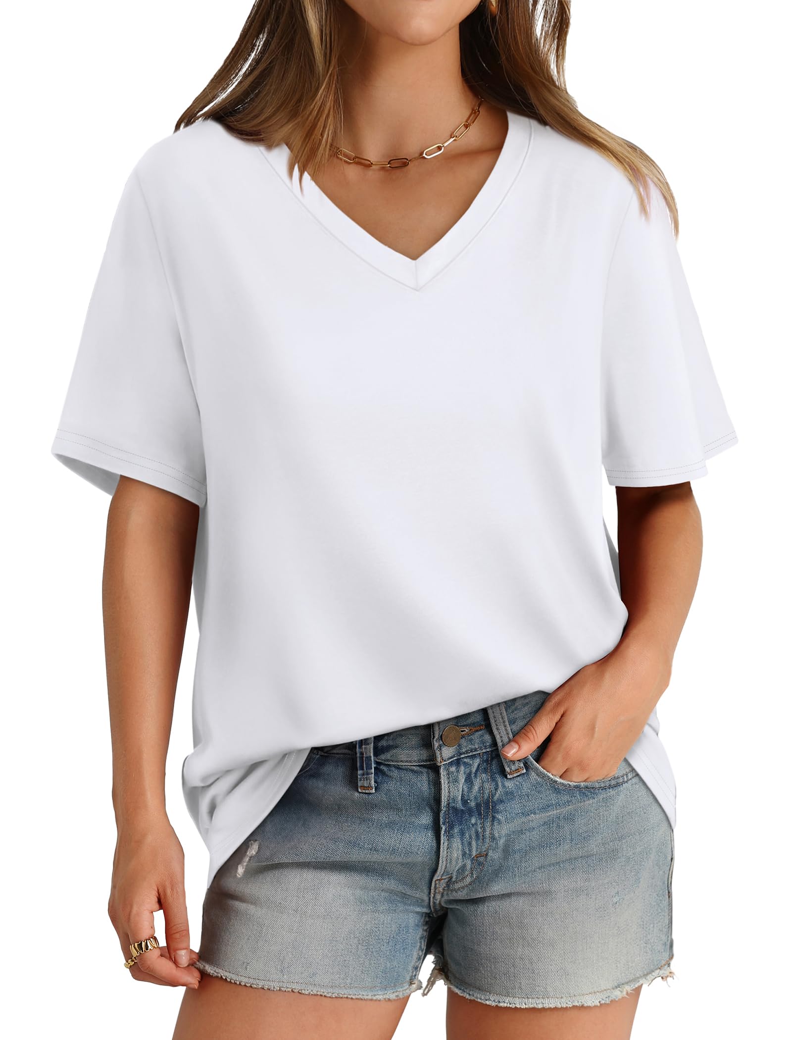 Aokosor Womens V Neck Short Sleeve T Shirts Summer Tops 2026 Casual Loose Tees Trending Now S-4XL