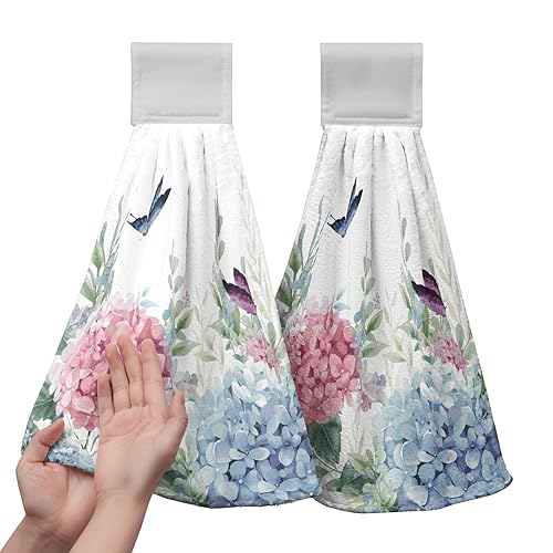 Blue Hydrangea Hanging Hand Towels Set of 2 Watercolor Summer