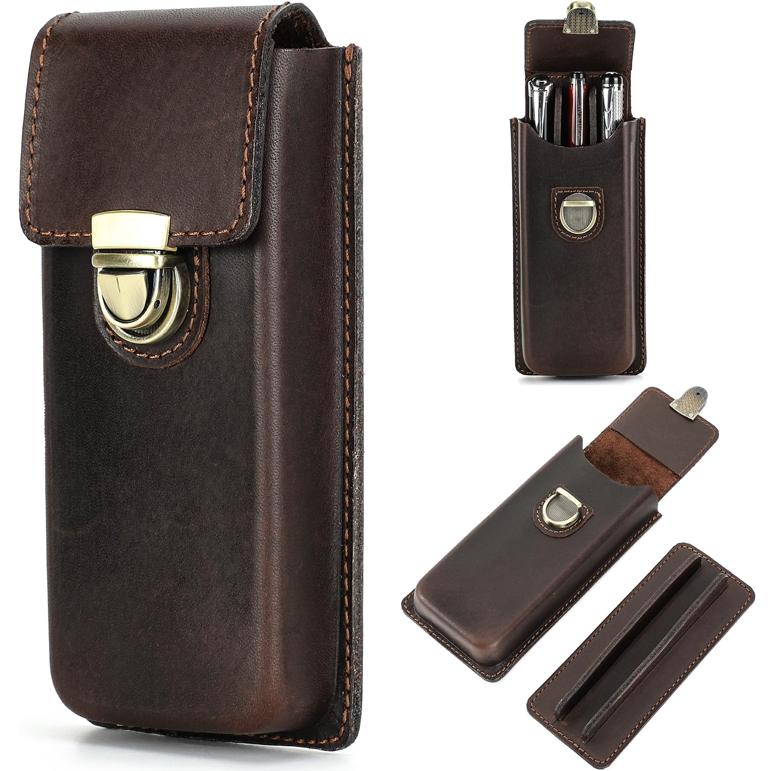 CataPurus Top Grain Genuine Leather 3 Pen/Pencil Tray Case Organizer, Minimalist Fashion Design No Logo, Handmade, Plug-in Lock with Drawer, Gift Choice for Man/Woman/Office, Glossy Coffee, 3 Slots — image 1