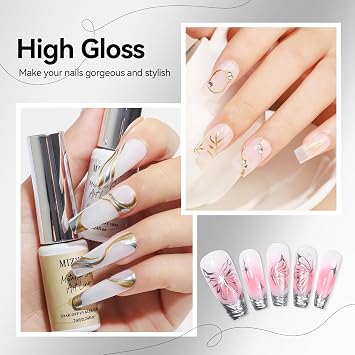 MIZHSE Gold Silver Metallic Gel Liner Nail Polish, Mirror Chrome Nail Art Striper Gel with Precision Brush for Thin Line Drawing, Glossy Shimmer Glitter Metal Painted French Swirl Design