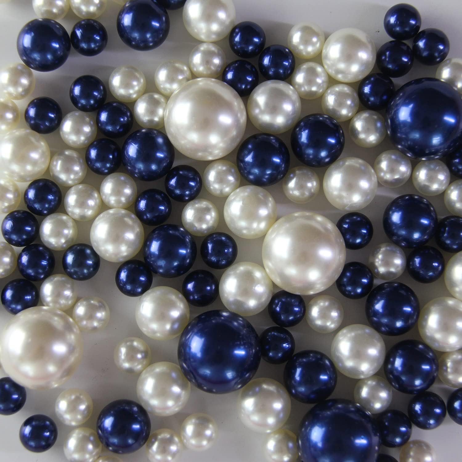 WELMATCH Blue Ivory Pearl Vase Fillers - 120 pcs 1 LB faux pearl beads 14mm 20mm 30mm Assorted with 8000 pcs clear water beads included for home wedding events decroation (Royal Blue, Ivory)