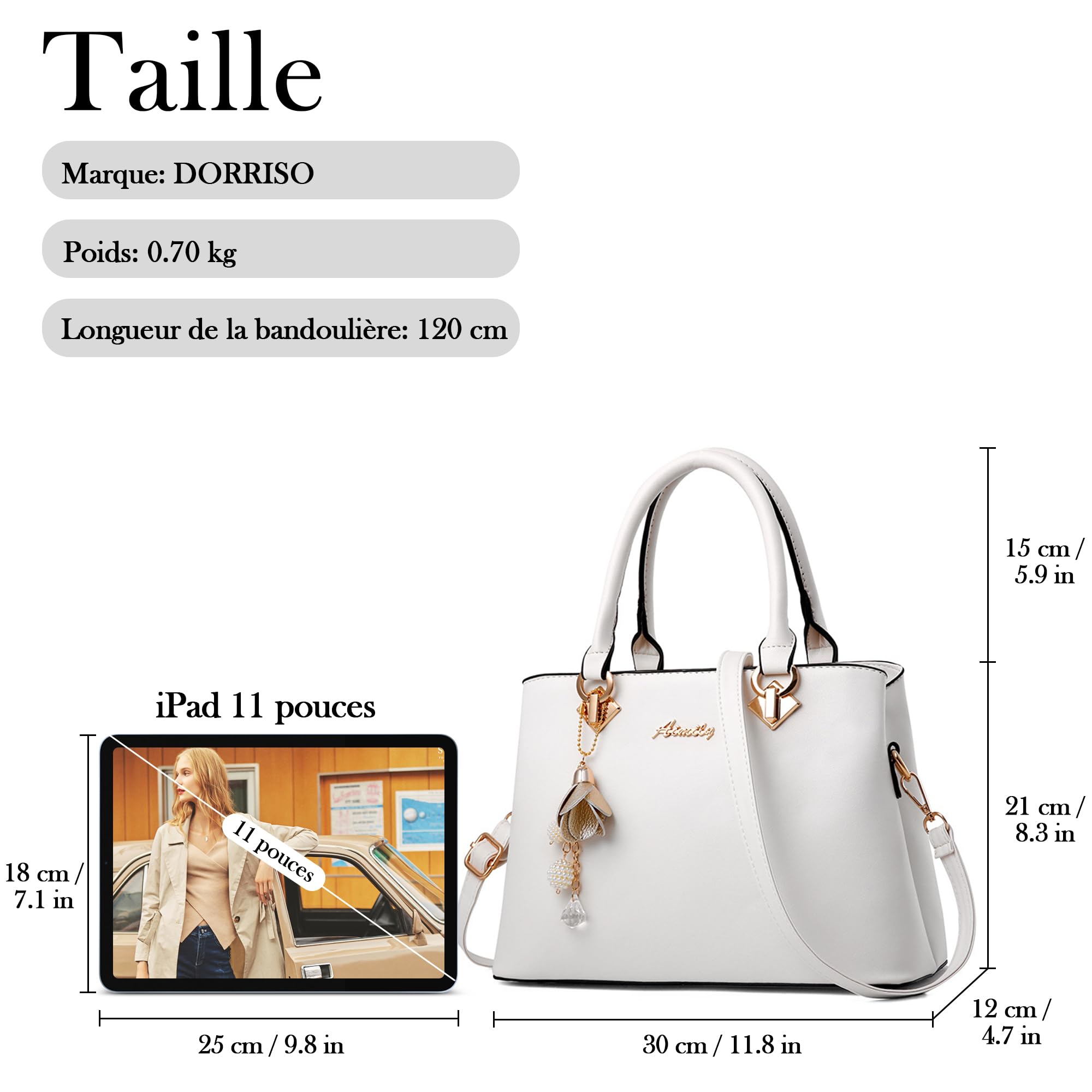 Mode Sac à Main Femmes Sac Bandoulière Sac Cuir PU Poignée Sac Bandoulière Cloches Suspendues Ornements Travailler Voyage Décontracté Quotidien Sac à Main Blanc