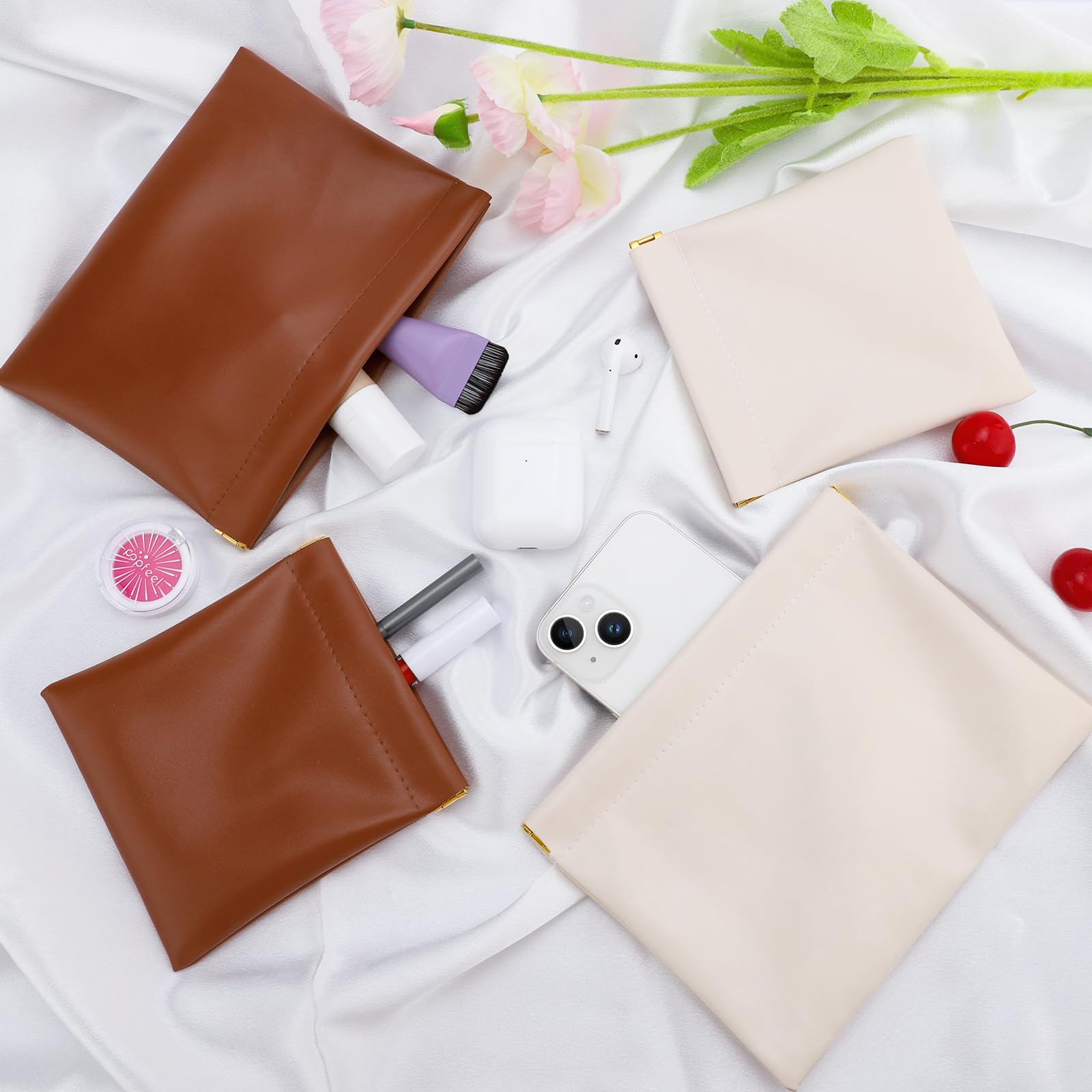 4 mini trousse da donna in pelle di agnello, per trucchi da donna, in pelle di agnello, portamonete da donna, mini trousse da viaggio (marrone, crema), Marrone-Crema, Semplice ed elegante
