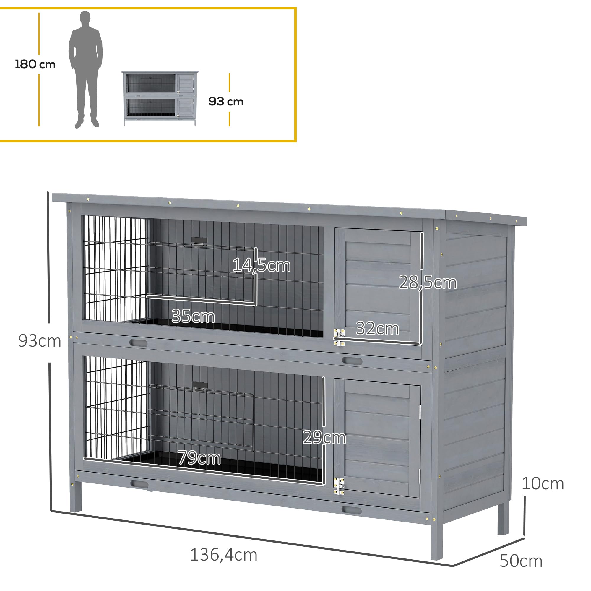 PawHut Clapier en bois à 2 étages Toit en asphalte Bac de fond 136,4 x 50 x 93 cm Résistant à l'hiver Clapier pour petits animaux avec portes Cage à lapins pour petits animaux Lapins Intérieur