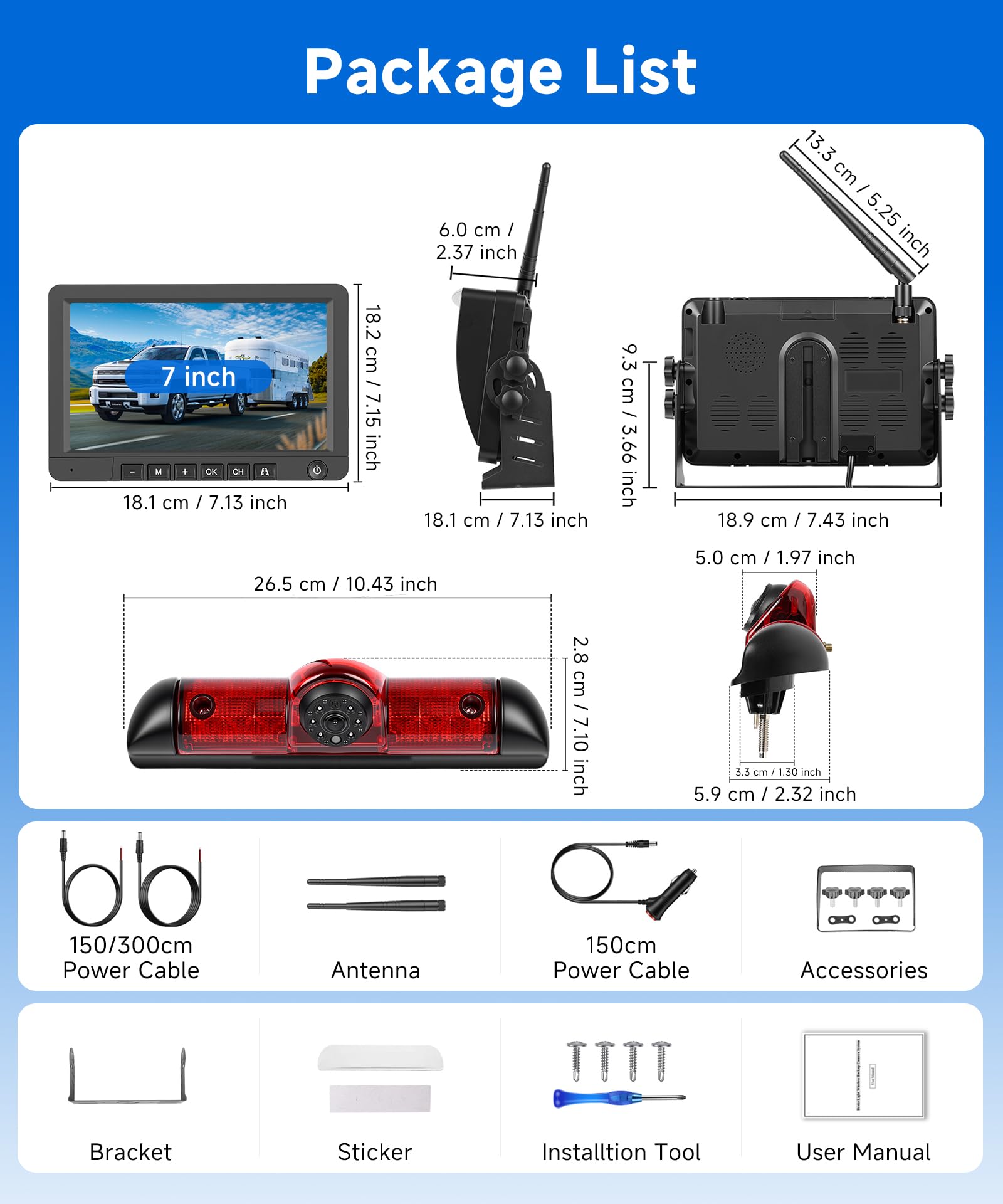 720P Cámara de Visión Trasera Inalámbricas para FIAT Ducato 3/Peugeot Boxer/Citroen Jumper con Monitor IPS de 9'', Cámara para Tercera Luz de Freno, Visión Nocturna, Resistente al Agua IP67,BSD,DVR