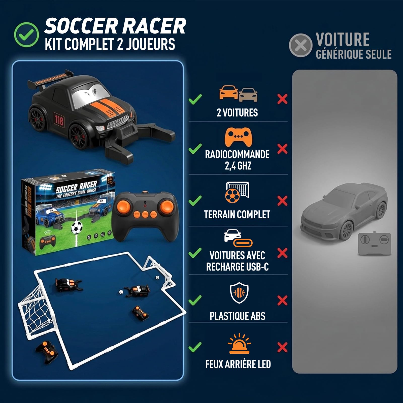 GizmoVine Voiture Télécommandée Enfant, Set Football RC 2 Joueurs avec Arène, 2 Voitures 4 Roues Motrices 2,4 GHz, Dérapage 360°, LED et Musique