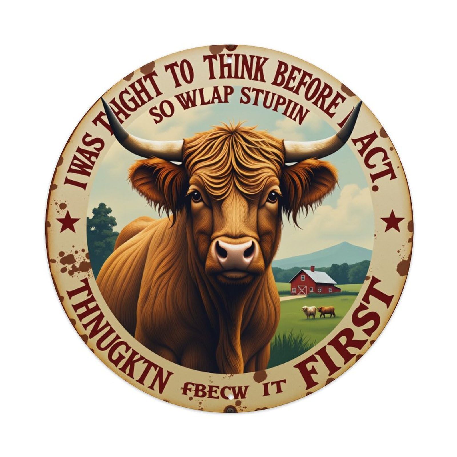Lzwbntey Vintage Cow Farm Landscape With Barn And Mountains Metal Tin Sign Retro Wall Decor For Home Bar Garage Cafe, Indoor & Outdoor Decorative，Circle Metal Poster, 8X8 Inch