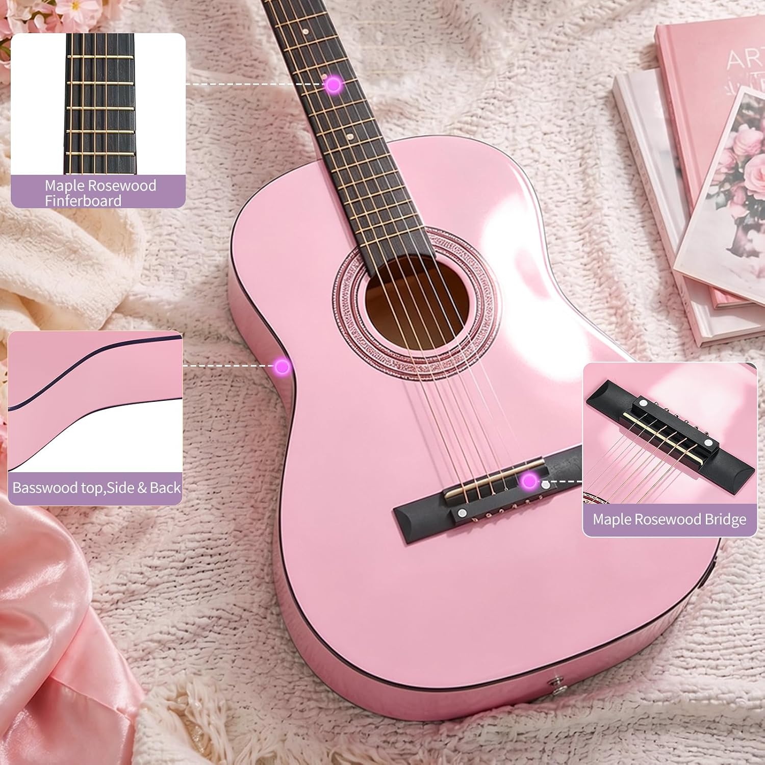 Ktaxon 30 Inch Beginner Acoustic Guitar, 6 String Basswood Classical Guitars Full Kit with Bag, Strap, Picks, Capo for Adults & Players, Light Pink