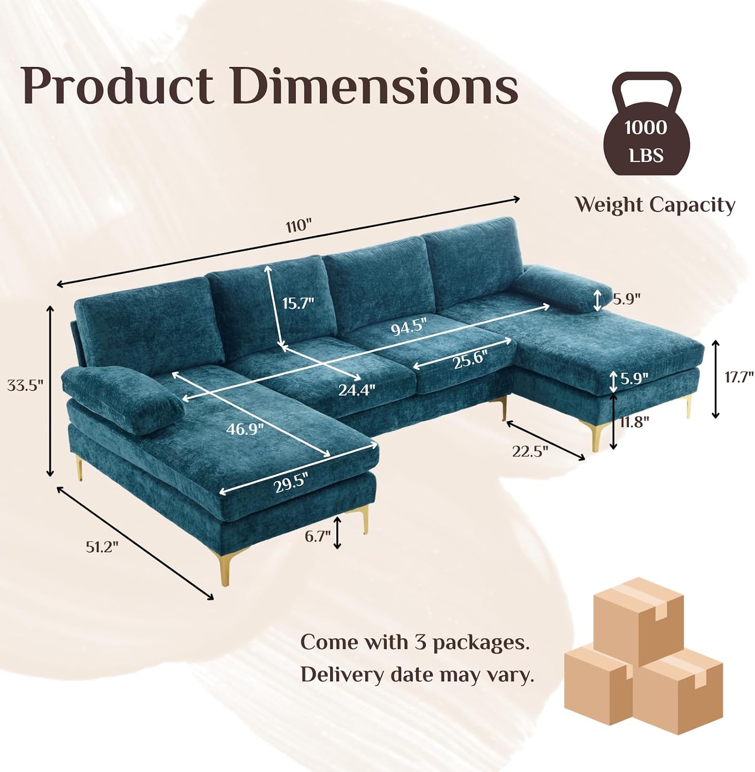 Karl Convertible U-Shape Sectional Sofa 4-Seat Chenille Fabric Peacock Blue