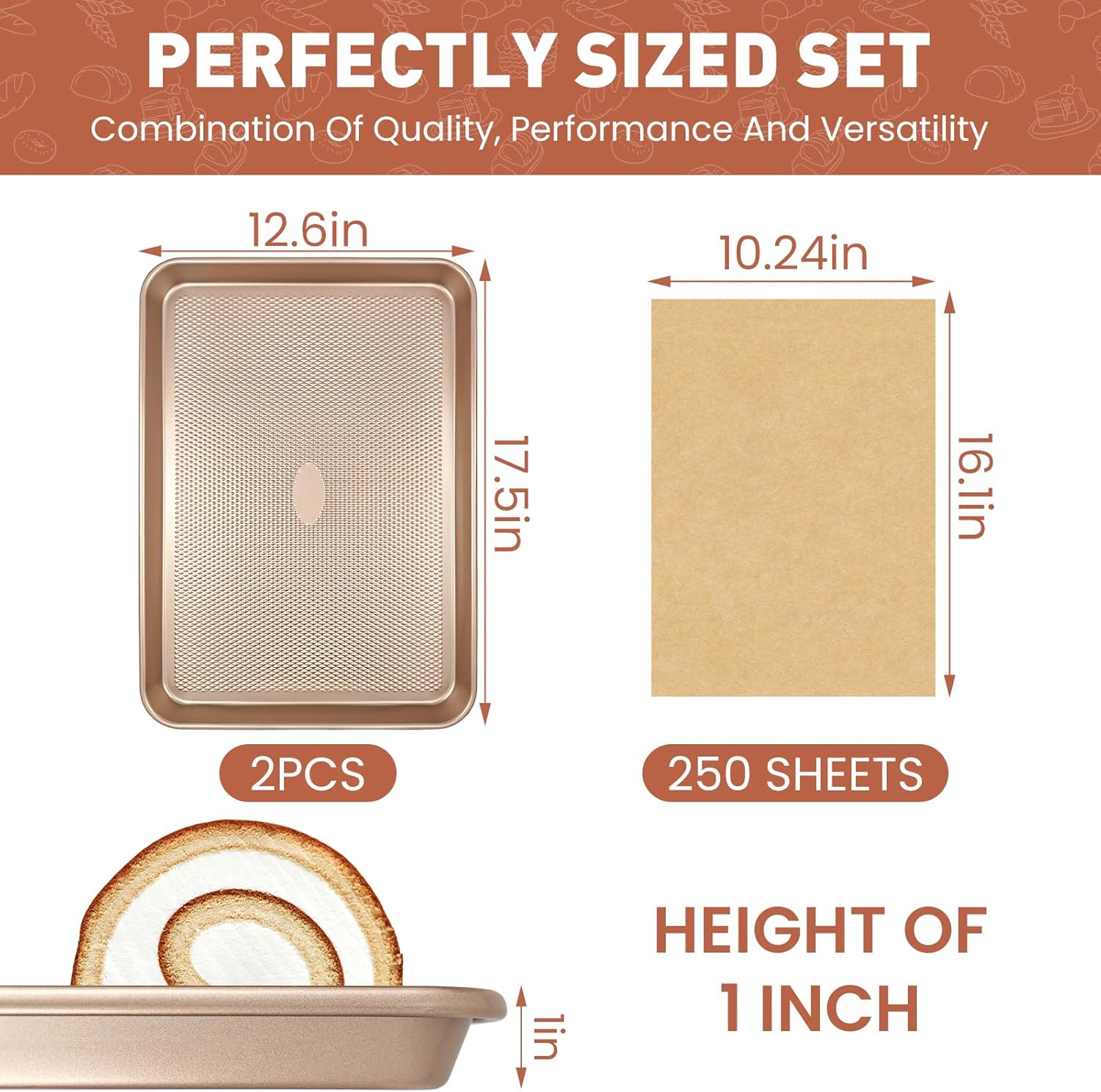 2 Pack 17'' Baking Sheet Set with Parchment Paper (2 Pans + 250 Papers), Non-Stick Cookie Sheet with Food Cooling Rack, Heavy Duty & Warp Resistant, No Rust Large Baking Pan - Image 2