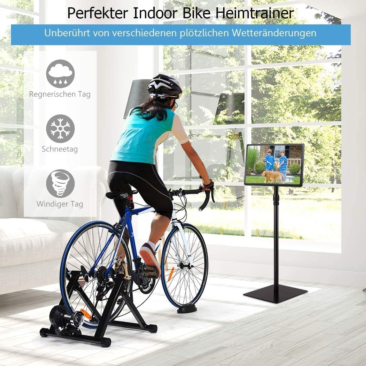 Roller Trainer for Bicycles, Bicycle Trainer for 26-28 Inches, Exercise Bike Foldable, Loadable Up to 150 Kg, Made of Steel, Incl. Front Wheel Support, Without Magnetic Resistance
