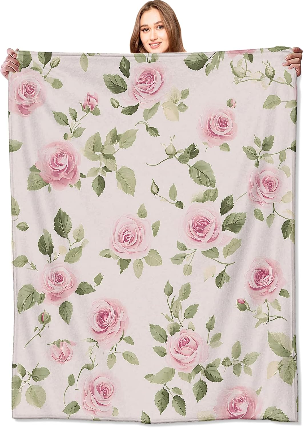Floral Pink Rose Blanket Flower Throw Blankets with Green Leaves,Birthday Gifts for Women Girls,Lightweight Soft Fleece,for Sofa Couch Bed Room Spring Artistic Romantic Decor 50x60in