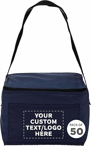 DISCOUNT PROMOS Juego de 50 bolsas de almuerzo pequeñas personalizadas, paquete a granel personalizado, aisladas, se adapta a 6 latas, perfectas