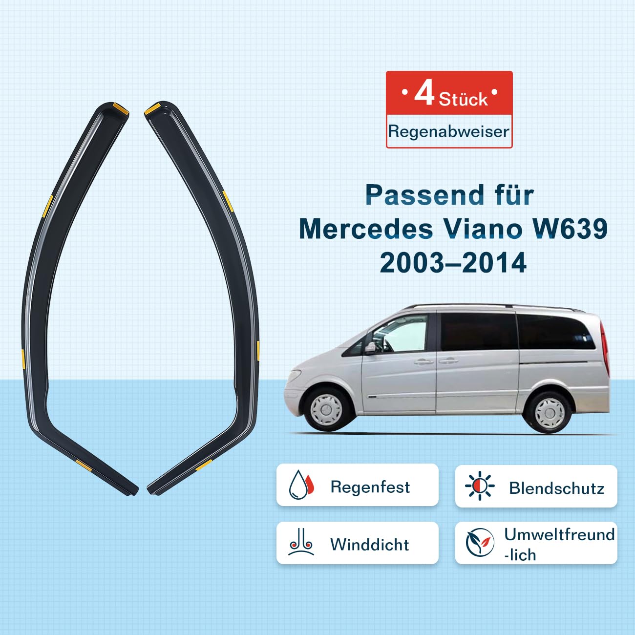 Lot de 2 déflecteurs de vent et de pluie compatibles avec Mercedes Viano Vito W639 2003-2014, autocollant, pour fenêtre de voiture, protection contre la pluie, gris fumé, avant, aérodynamique