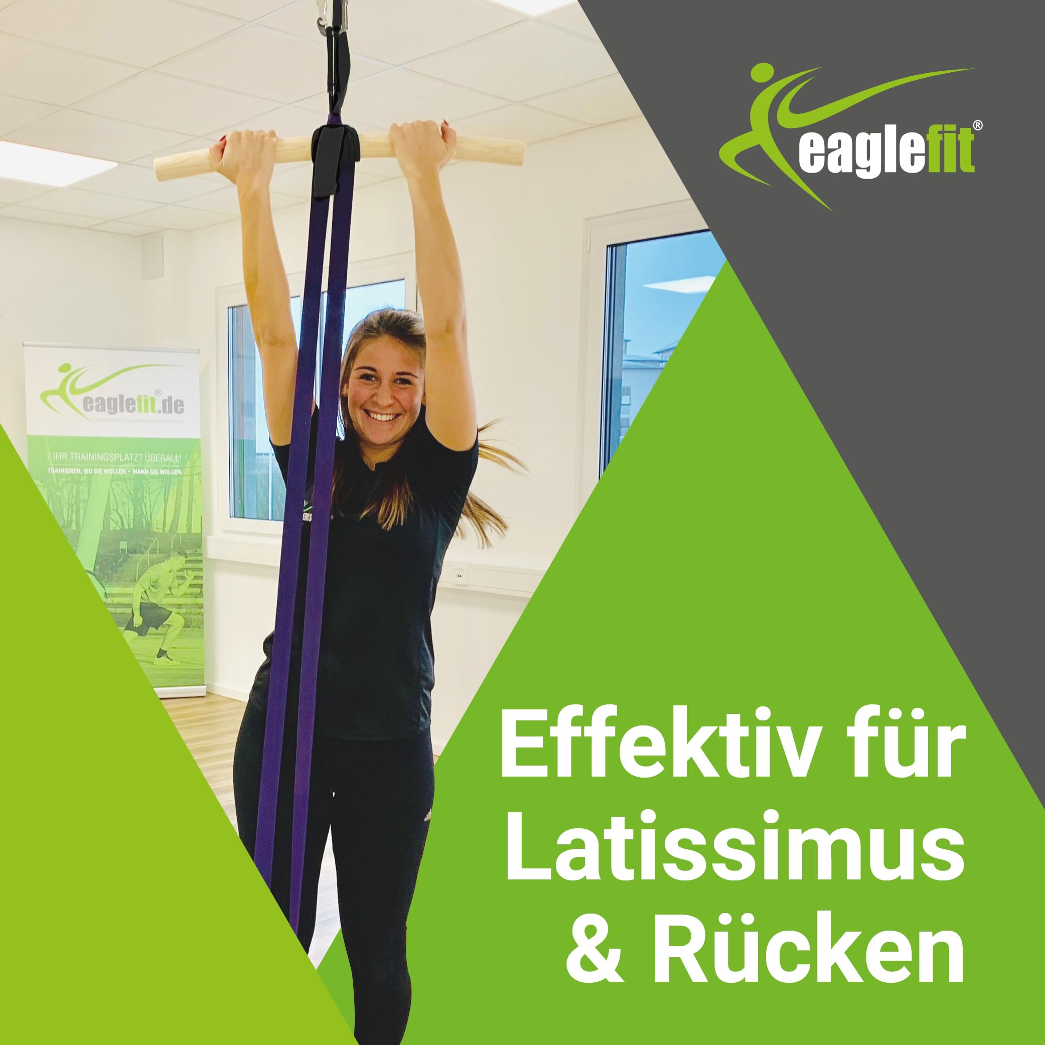 eaglefit - Premium Klimmzugstange aus Holz 60 cm - Ergonomisch gebogene Pull Up Bar für Decke, Balken, Garten, Baum - Reckstange Outdoor & Indoor für Klimmzüge, Verstellbar zum Aufhängen inkl. Zubehör