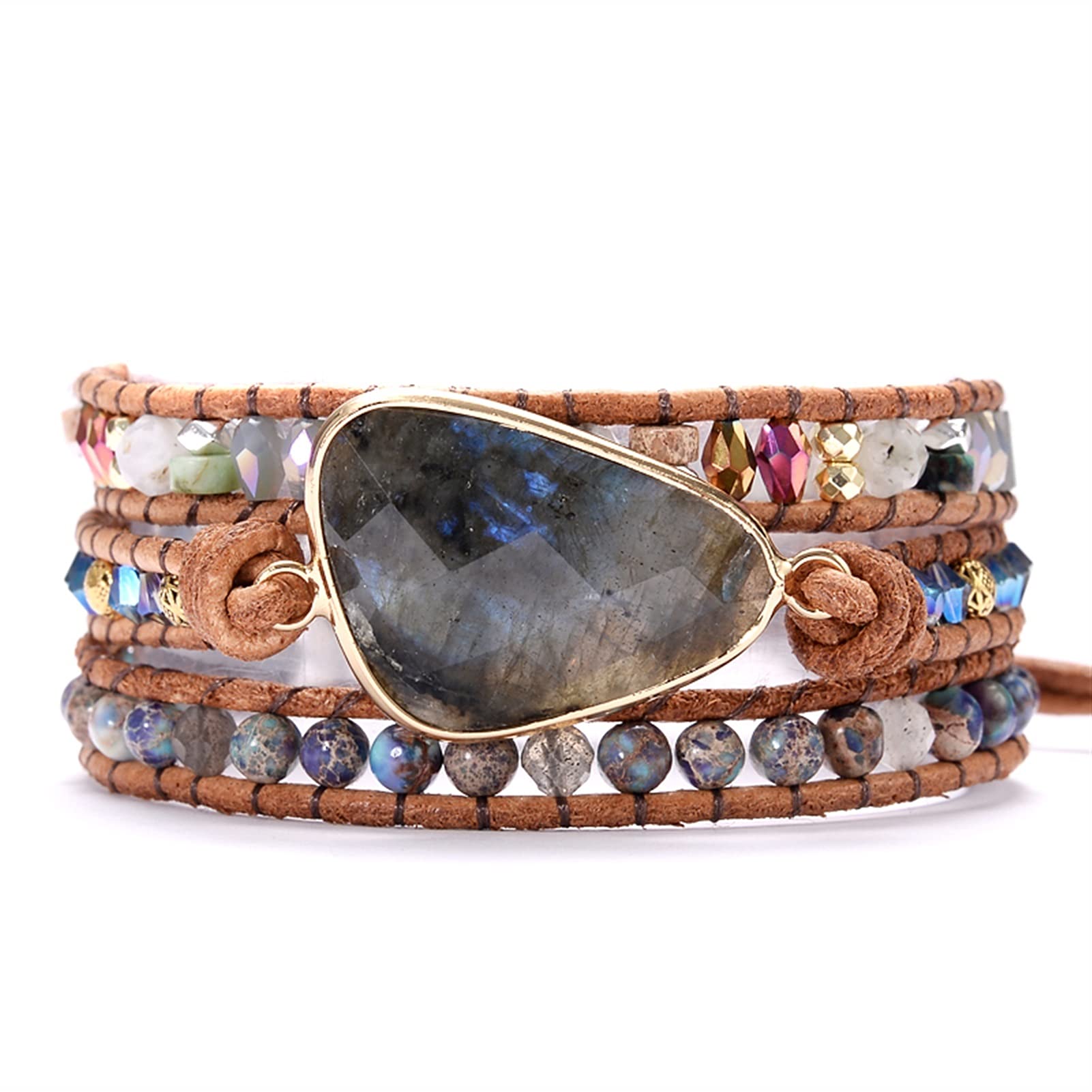 Brillo triángulo Luna Piedras de Cuero Envoltura Pulseras Hecha a Mano 3 Capas Trenzadas Cuentas Mujeres brazaletes