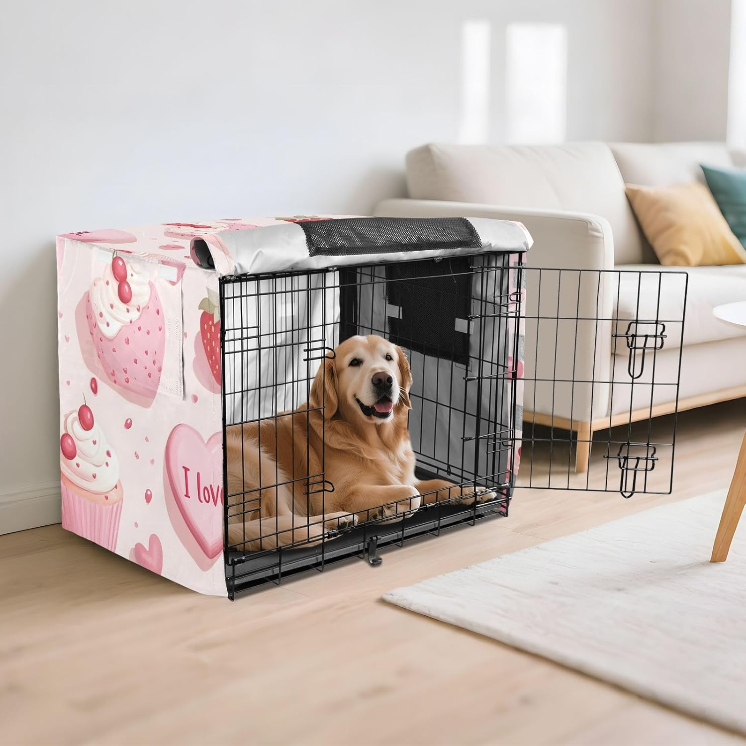 Cute Cakes Cupcakes Strawberries Dog Crate Cover Fixed Buckle at Bottom, Cage Cover for Indoor Pets, Large