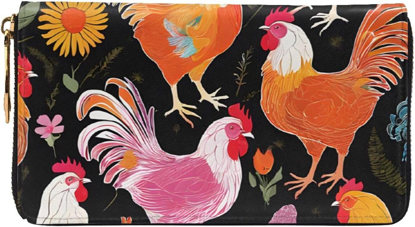 Leather Long Hand-Held Cute Rooster Chickens Wallet, Men'S And Women'S Wallets, With Hidden Compartments, Passbook Slot, Id Slot.