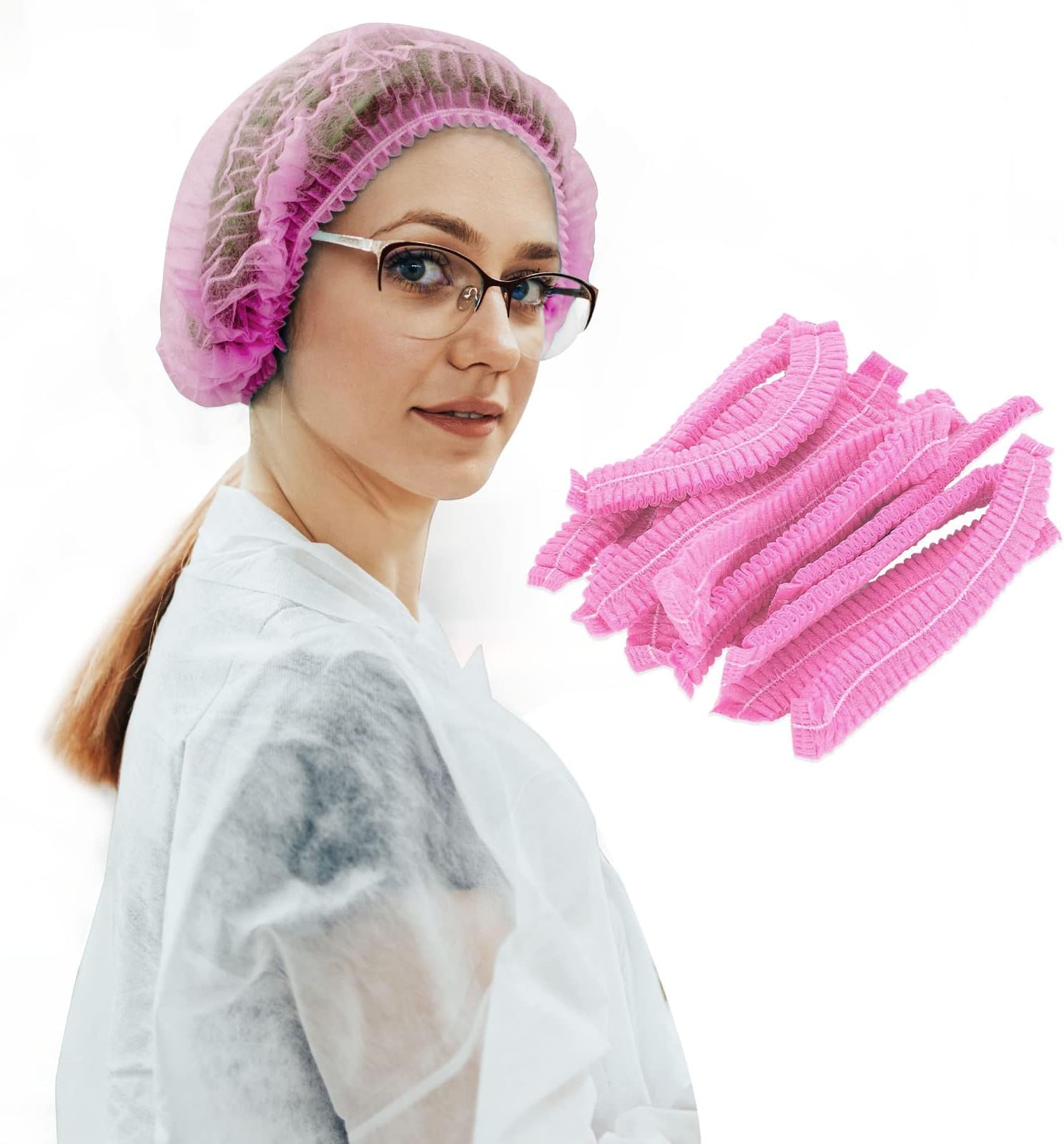 100 Pack 21" Disposable Nonwoven Bouffant Caps Hair Net for Hospital Salon Spa Catering and Dust-free Workspace (pink)