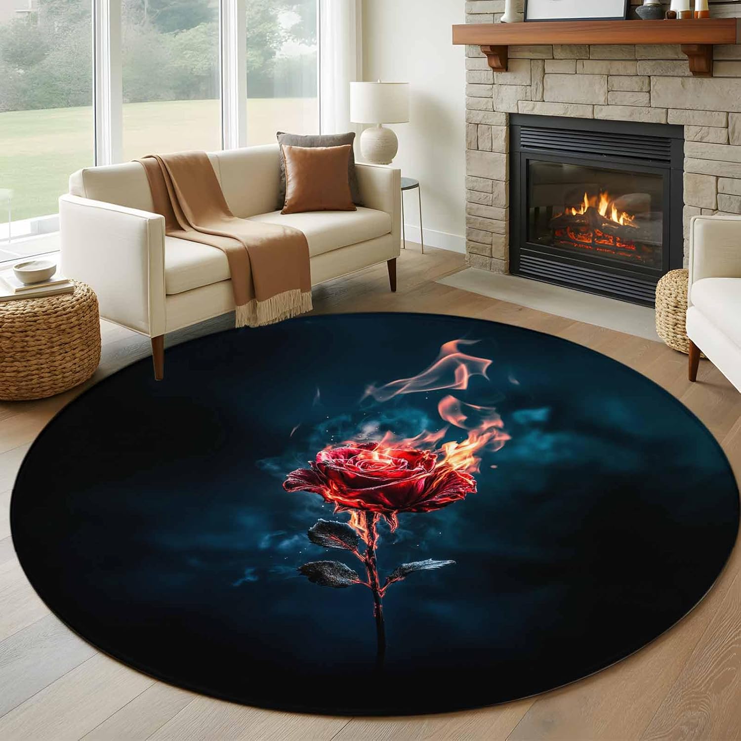 Round Rugs 5Ft, Red Rose Black Washable Rug for Living Room Low Pile Indoor Floor Carpet, Burning Flower Floral Burning Roses Non-Skid Bathroom Rug Kitchen Runner Rugs for Bedroom