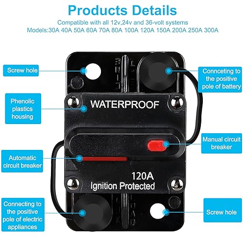 Miniatura 4 de Generic Disyuntor impermeable de 120 amperios, con reinicio manual, 12 V-48 V CC, 30A-300 A, para motores de arrastre marinos, barco, ATV, sistema