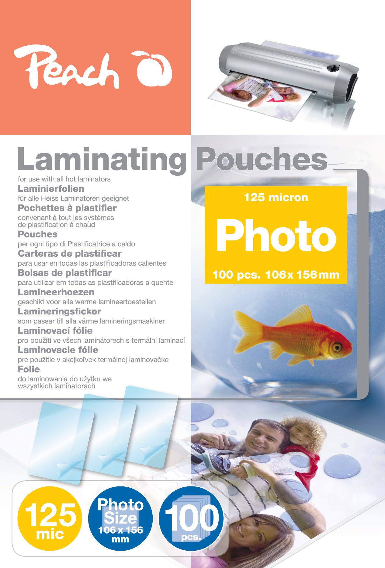 Peach Photo Laminating Pouches 106 x 156mm, 125 Mic, S-PP525-19, 100-pack