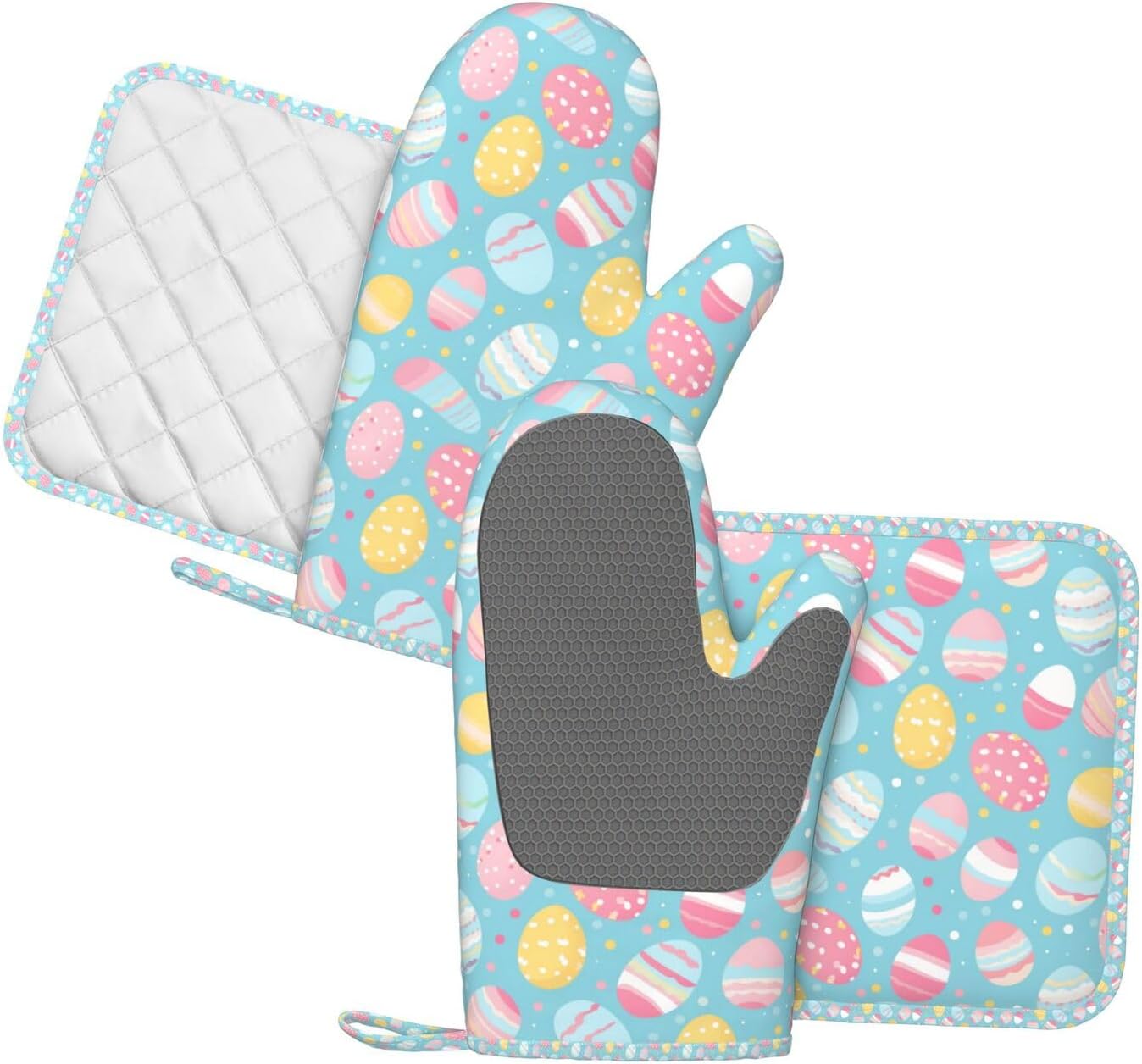 Oven Mitts and Pot Holders Easter Egg Pattern Silicone Kitchen Accessories Set of 4 Heat Resistant Long Gloves Potholder Non-Slip Grip for Chef Cooking Baking Grilling BBQ