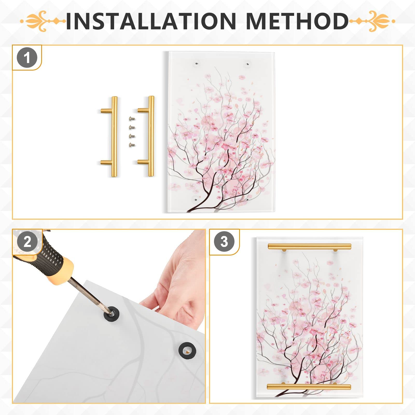 Light Pink Cherry Blossom Flowers Branch On White Rectangle Bathroom Tray, Decor Serving Tray with Metal Handle Acrylic Tray for Perfume Makeup Jewelry Dresser Coffee Organizer