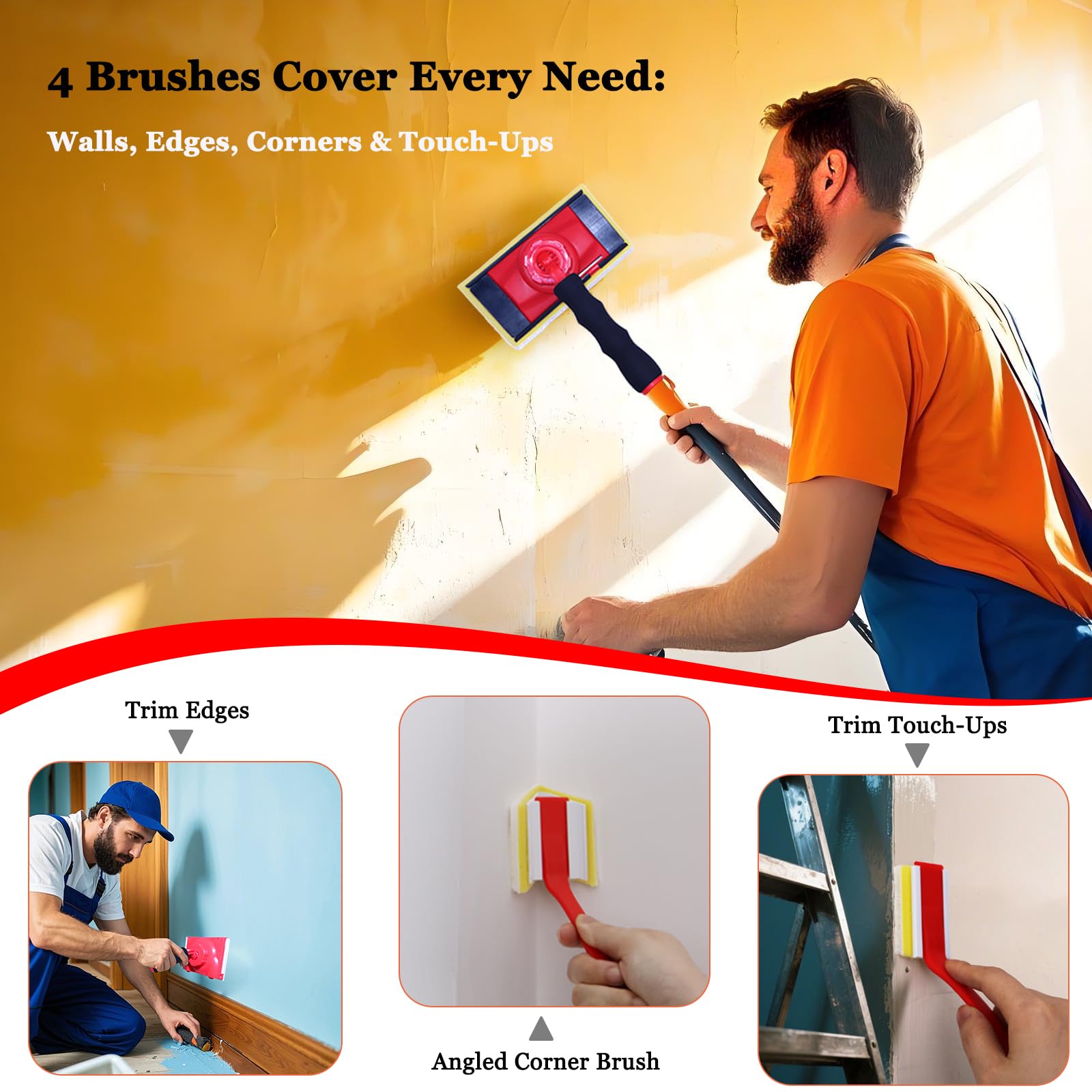 Kit profesional de bordeadora de pintura de 7 pulgadas, 4 almohadillas de moldura (7 pulgadas + 4 pulgadas + 1 pulgada + esquina en V) con 5 recambios, mango giratorio de 360° y bandeja de