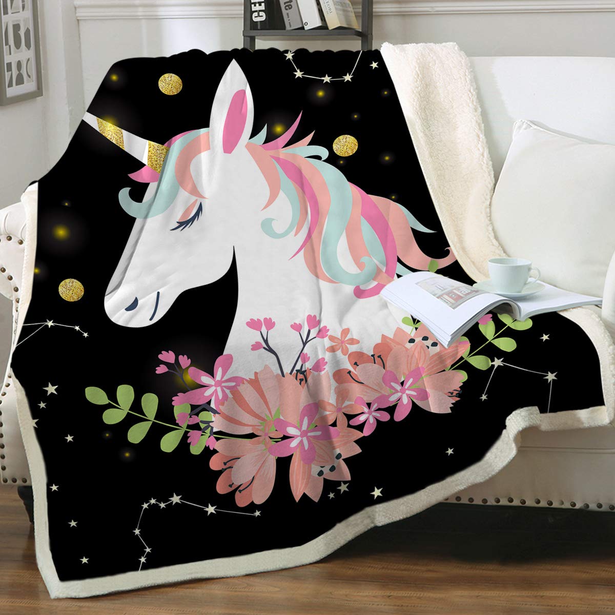 Sleepwish Unicorn Sparkling Stars Print Super Soft Throw Blanket for Bed Couch Sofa Sherpa Fleece Lined Blanket Black Pink Floral Lightweight Travelling Camping Blanket for Girls Twin(60