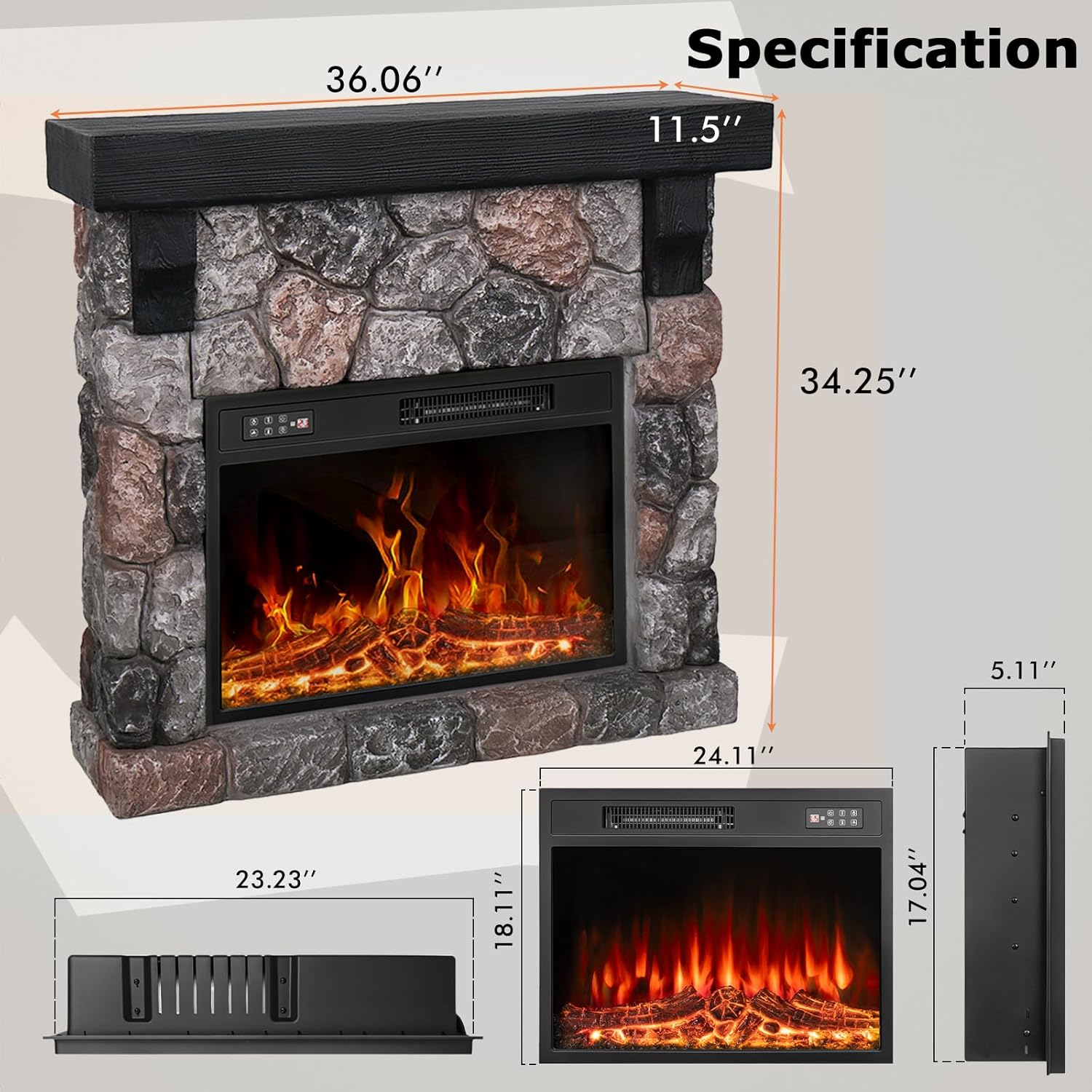 PUKAMI Electric Fireplace with Mantel, Freestanding Stone Fireplace Heater TV Stand with Remote Control, Realistic Flame Effect and 3D Log, 750W/1500W (36 inch)