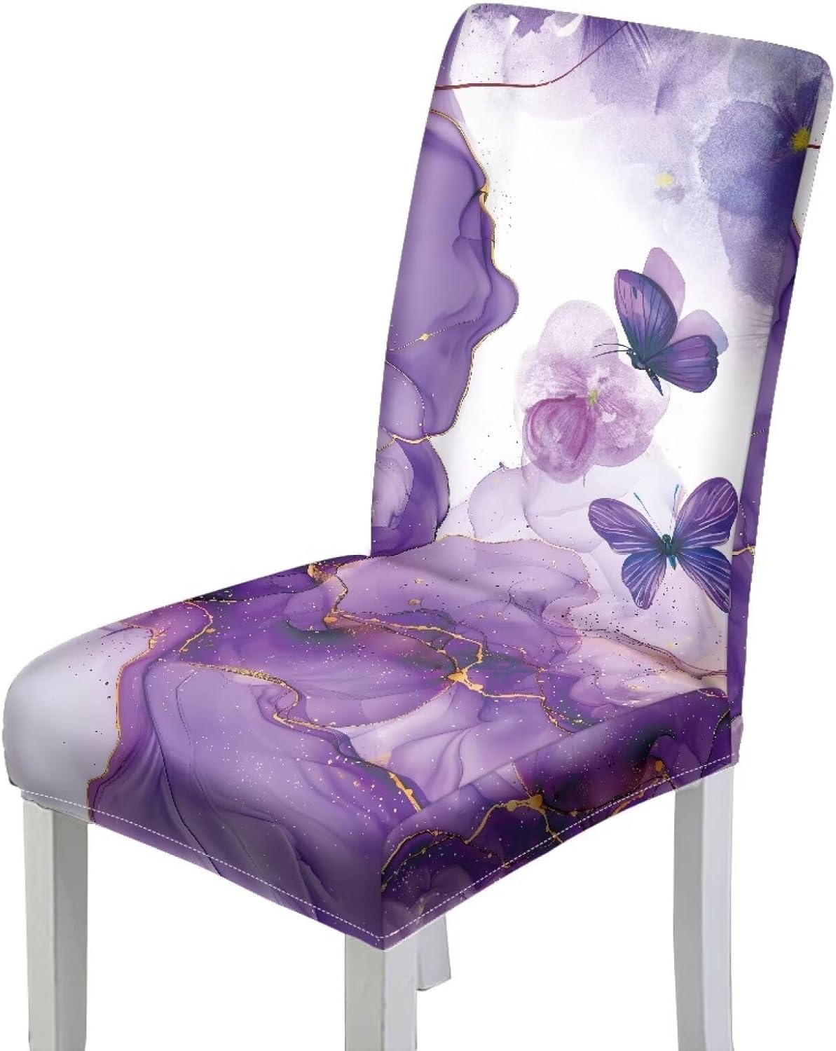 Talayituse Purple Butterfly Marble Print Waterproof Chair Covers for Dining Room, Removable Dining Chair Covers Protectors Stretch Kitchen Parson Chair Slipcovers, Set of 6