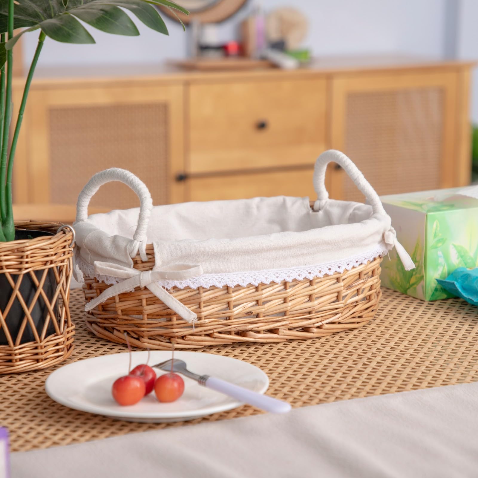 Cesta de mimbre para pan con forro blanco extraíble, cesta de servir pan para encimera de cocina con asa, 31 x 21 x 9 cm.