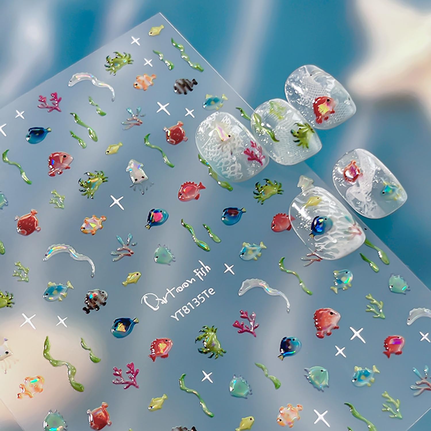 Ocean Fish Nail Stickers Self-Adhesive Cute Nail Decals Cartoon Seaweed Coral Crab Nail Art Supplies Sea Creatures Nail Art Stickers for Women DIY Manicure Nail Decor Accessories, 1Pcs image 3
