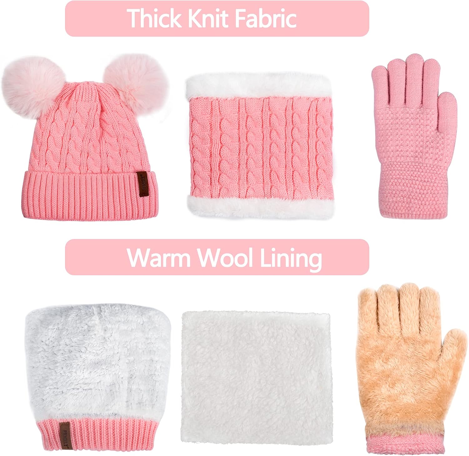 Kids Winter Beanie Scarf Gloves Set with 2 Pompom - Thermal Thick Fleece Lined Hat, Neck Warmer & Mittens for 1-10 Boys Girls