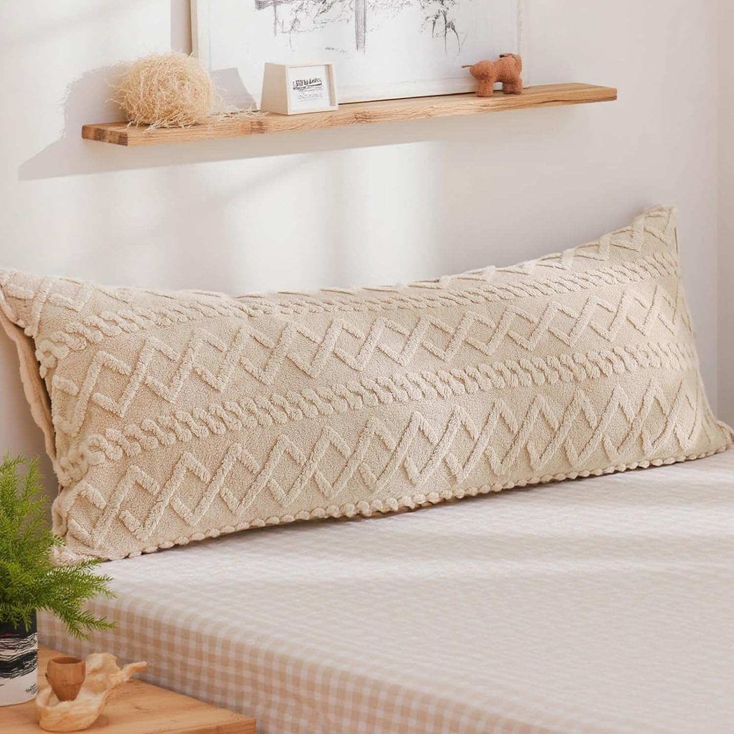 Beige Fluffy Body Pillow Cover Faux Fur Pillowcase for Couch Bed Diamond Stripe Geometric Bed Pillow Cover Flannel Fleece Long Pillow Cover