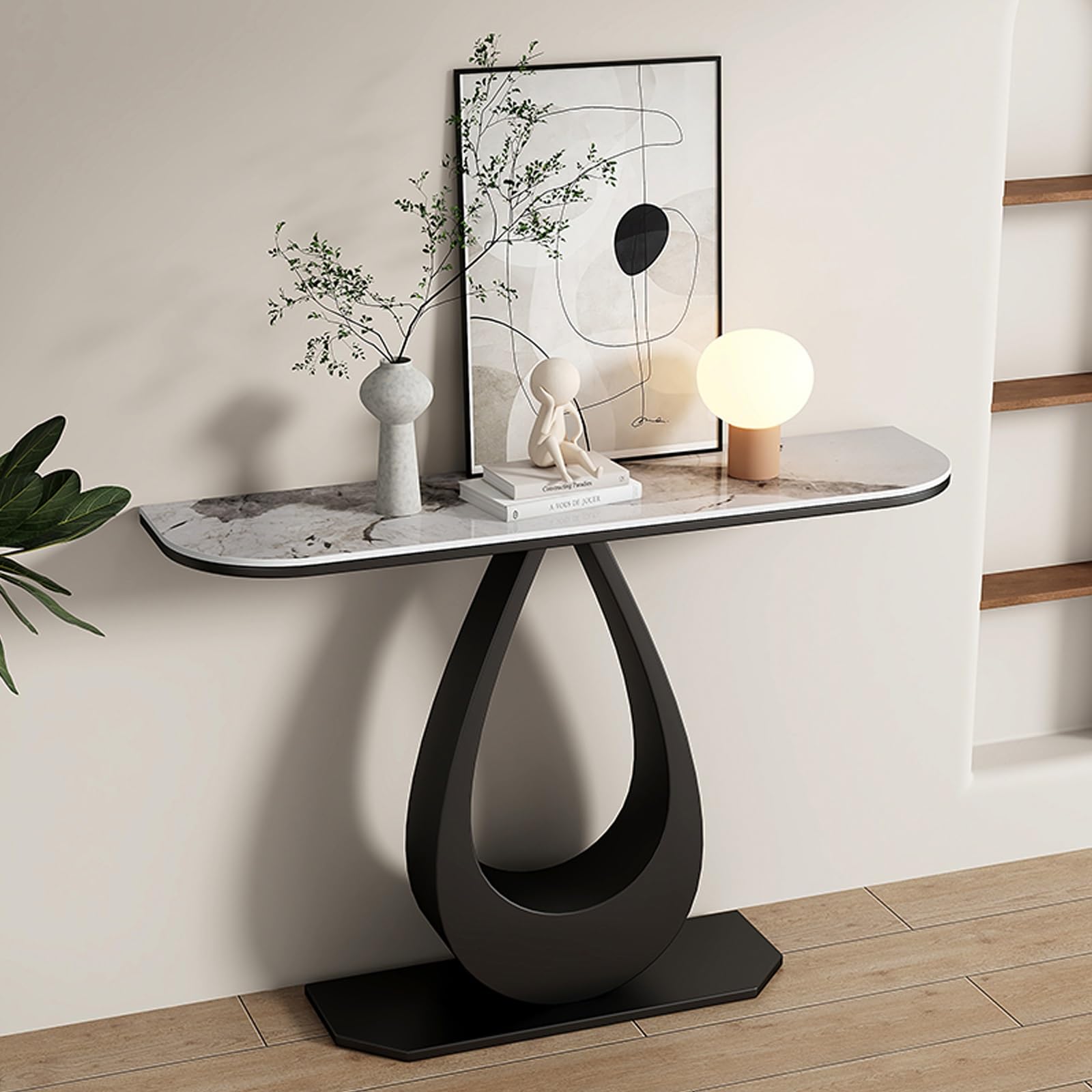 Tonuuoei Entryway Table with Marble Top & Metal Base, Modern Hallway Console Sofa for Foyer, Living Room, or Corridor(Black B,150cm/59in)