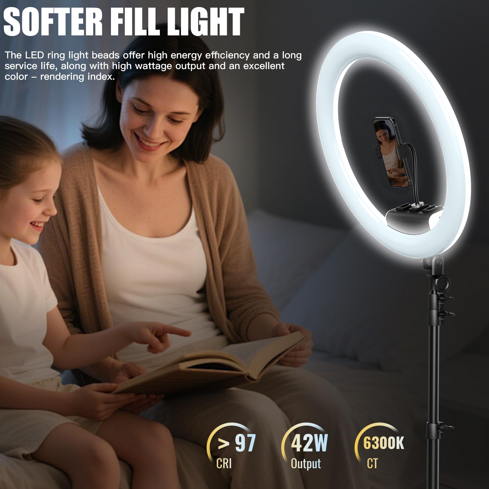 45,7 cm Ringlicht mit Ständer und Handy-Halterungs-Kit – 243,8 cm verstellbares Stativ, dimmbares LED-Kreislicht mit Fernbedienung und 6300 K Farbtemperatur für Live-Streaming, Make-up, YouTube