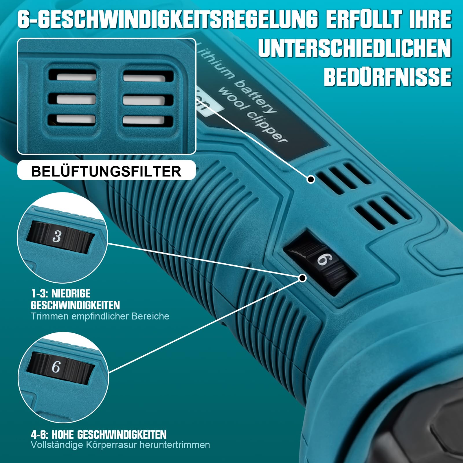 500W Schnurloser Haarschneider für dickes und verheddertes Haar, 2 x 2500 mAh Akku, 6 Geschwindigkeiten, 2400 U/min, kompatibel mit Makita 18V Akku