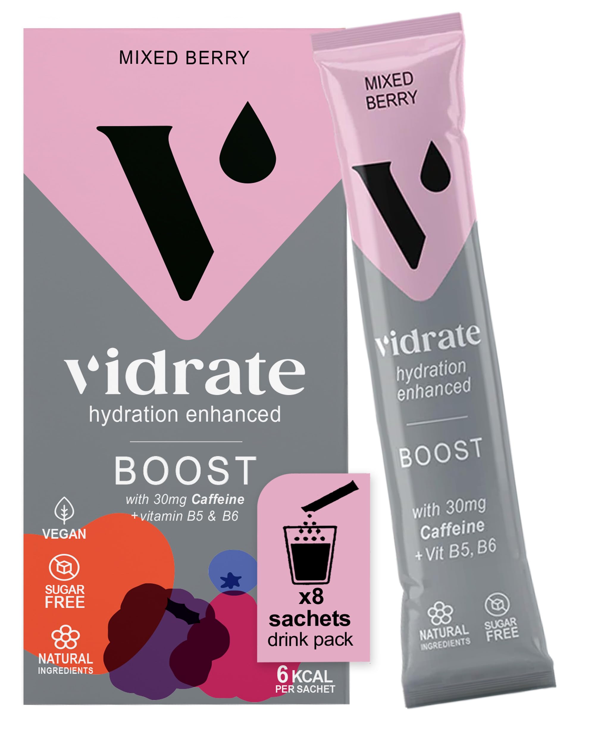 Electrolytes Powder - Hydration Sachets Packed with Vitamins - Zero Sugar Rehydration Sachet No Artificial Sweeteners & Preservatives by ViDrate - Boost Mixed Berry Small Pack, 8 Electrolytes Sachets