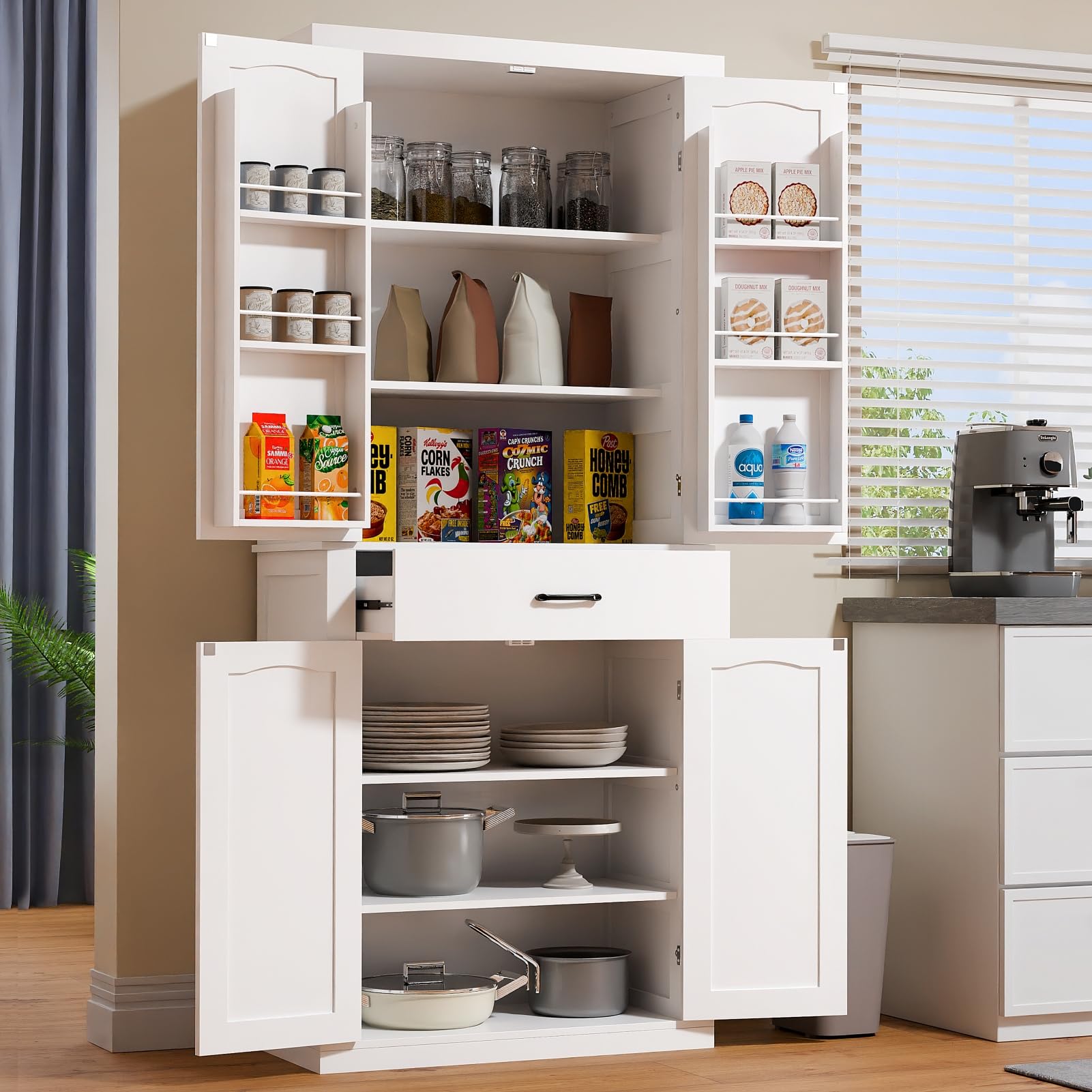 HollyHOME 72" Kitchen Pantry Cabinet, Tall Freestanding Cupboard with 4 Doors and 1 Drawer, Storage Cabinet with Adjustable Shelves and 6 Door Shelves for Kitchen, Dining Room, Living Room, White