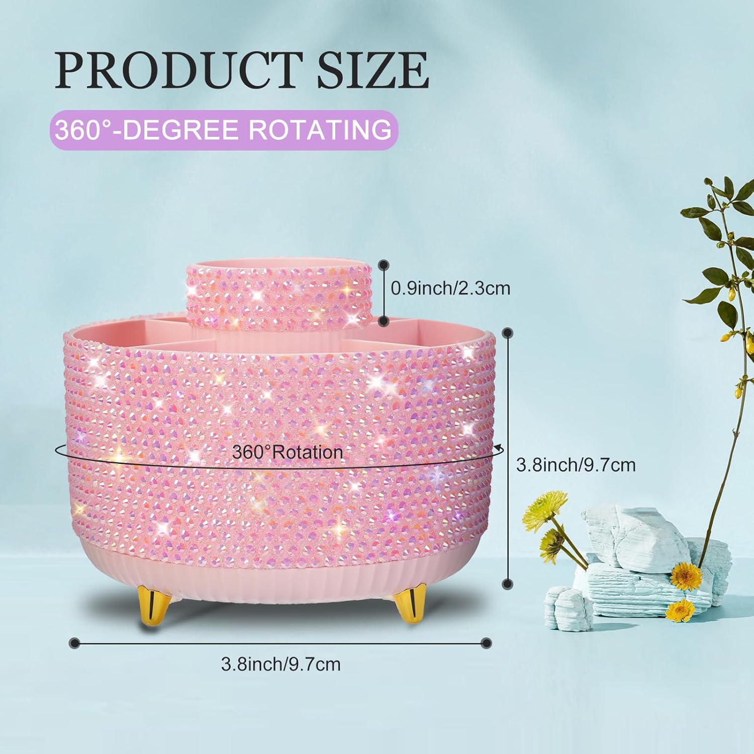 Bling Pink Rhinestone Desk Organizer with 5 Slots 360 Degree Rotating, Bling Pen Holder Makeup Brush Holder for Women, Pink Rhinestone Office Accessories